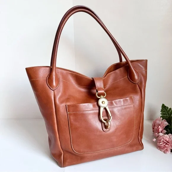 DOONEY & BOURKE Florentine Camel Leather Italian Logo Lock Tote - Picture 5 of 16